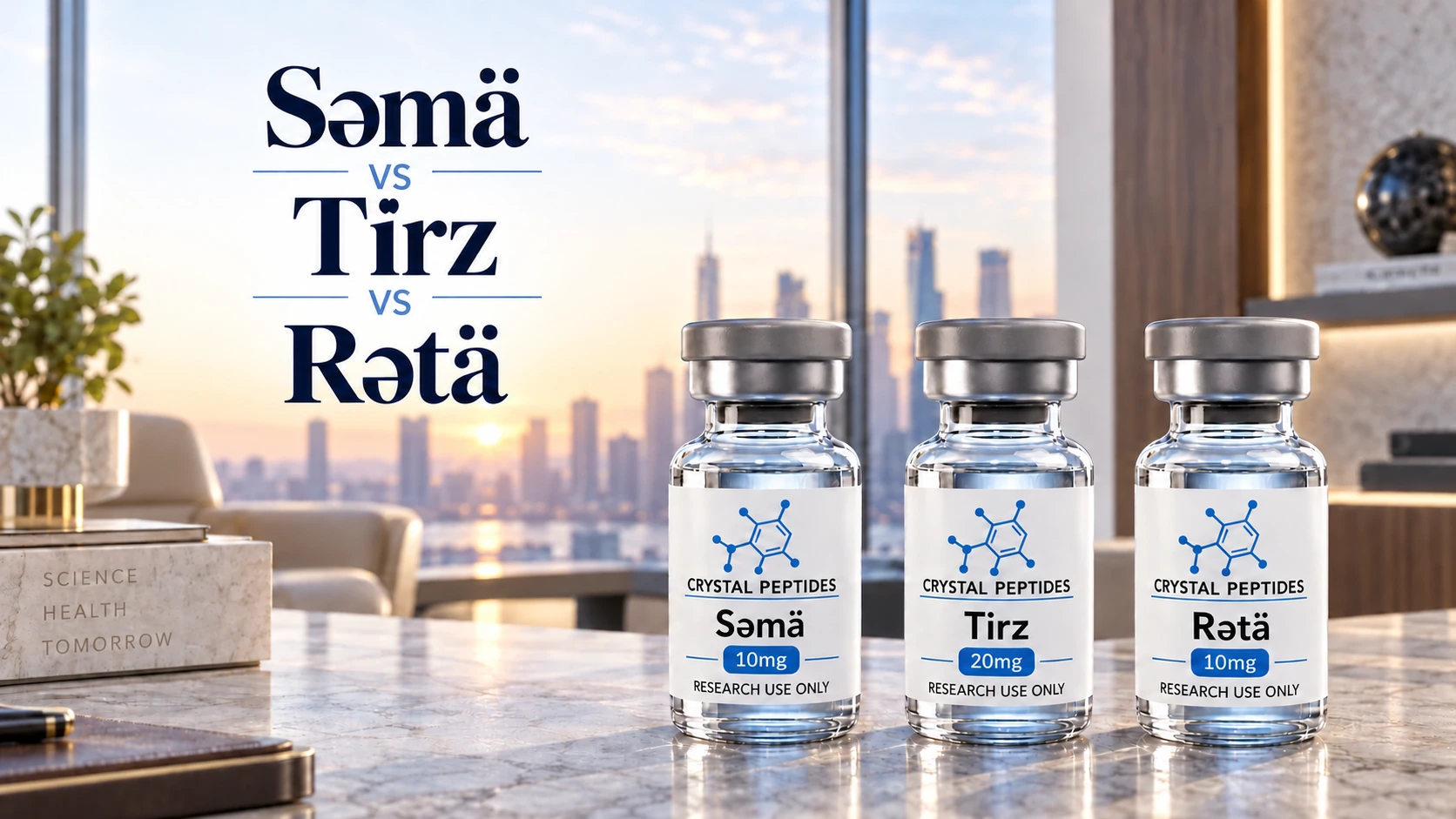 Flacoane de Səmä, Tïrz și Rətä pentru cercetare, lângă titlul comparației, într-un interior luminos.
