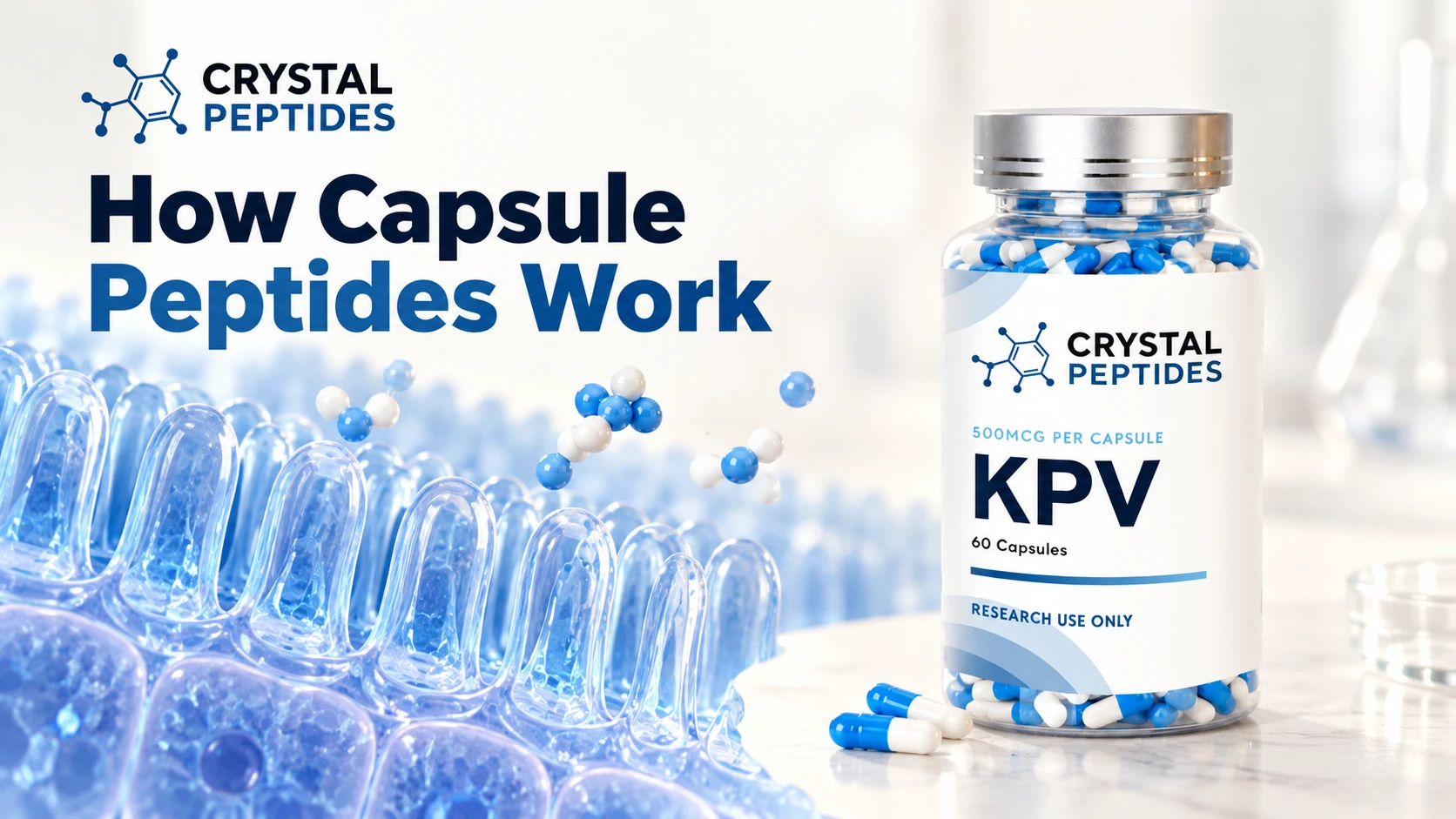Flacon de capsule KPV Crystal Peptides lângă o ilustrație conceptuală a unei suprafețe intestinale.
