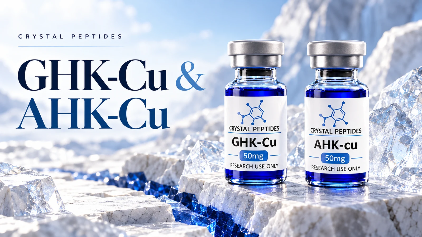Ilustrație editorială de produs: GHK-Cu / AHK-Cu — Crystal Peptides.