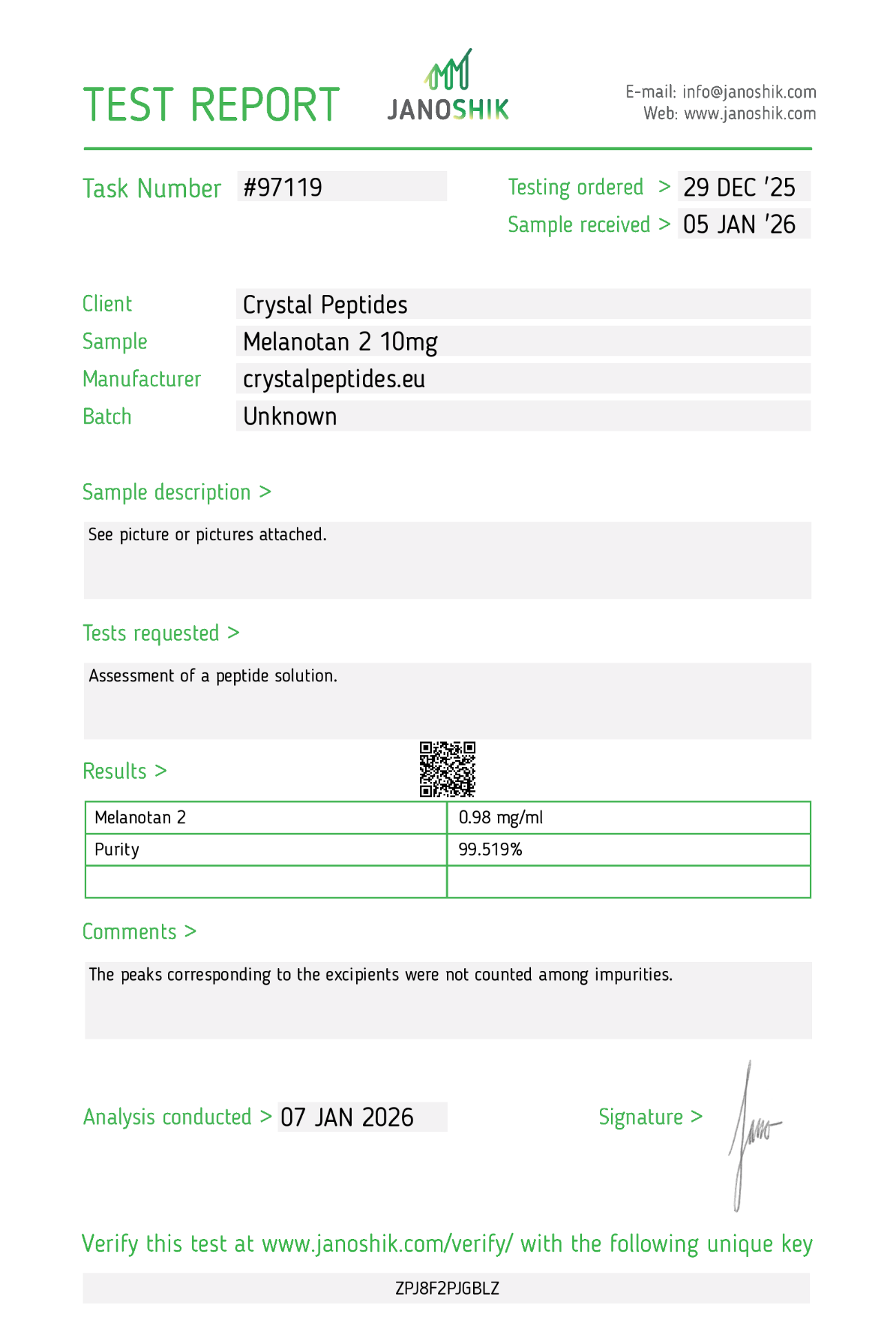 MT-2 (10mg/10ml) Purity & Identity Test de laborator